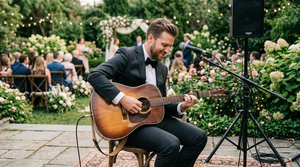 Close-up of acoustic guitarist performing at outdoor wedding