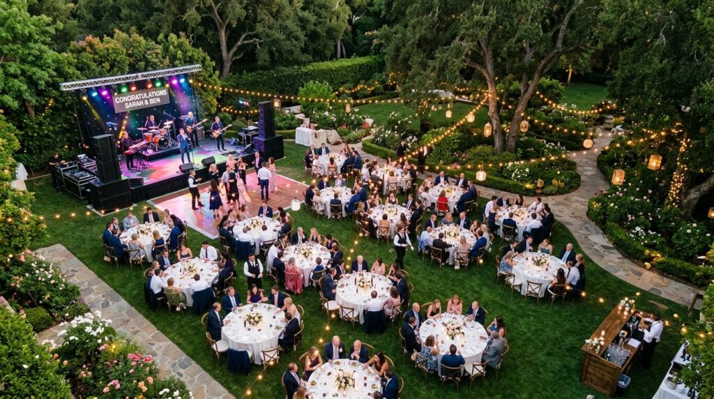 Overhead view of outdoor backyard garden wedding reception s