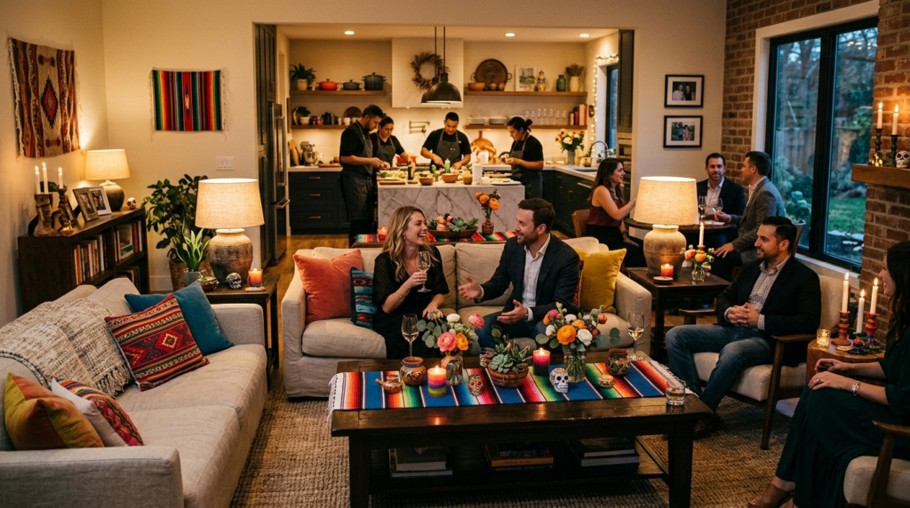 Warm and intimate living room setting decorated for a privat