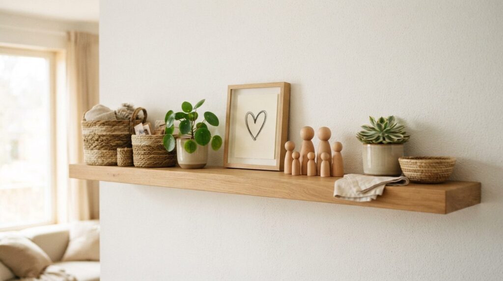 Scandinavian shelf styling detail showing woven storage bowl