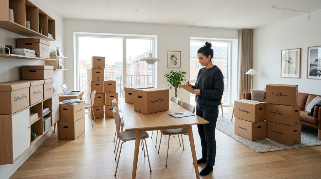 Wide shot of a Copenhagen residential interior during moving