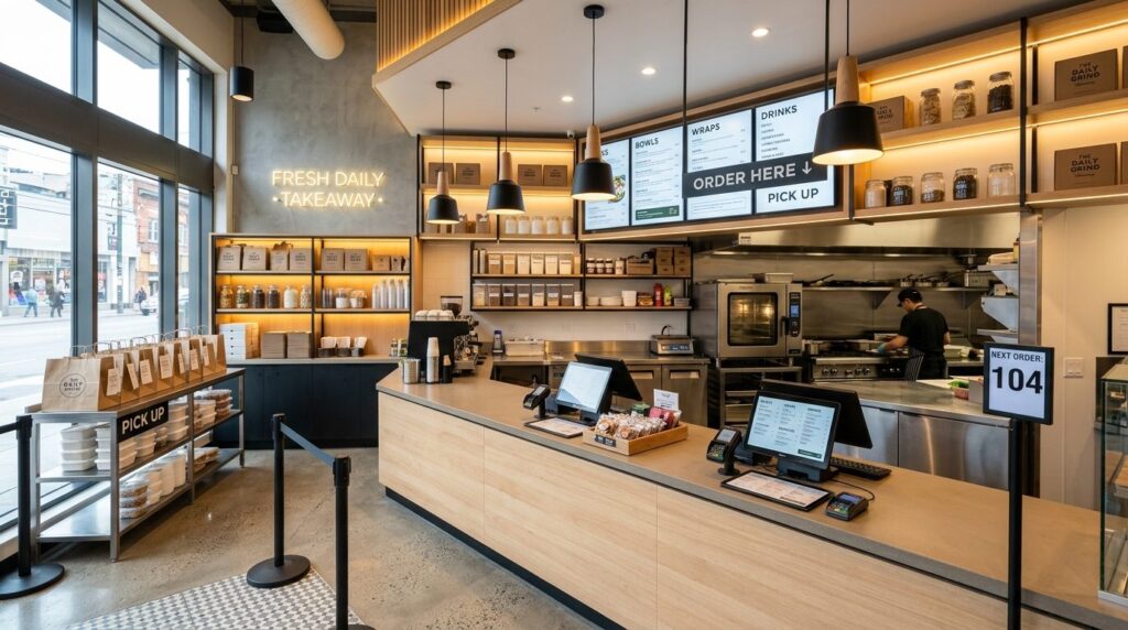 Wide-angle shot of a contemporary restaurant interior design