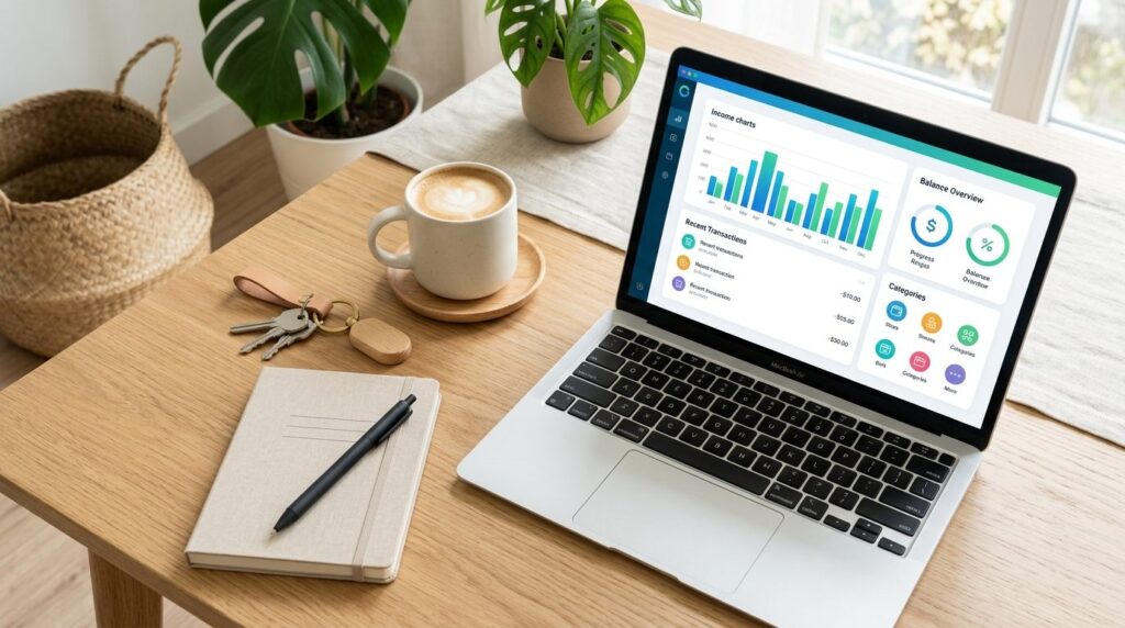Overhead flat lay of apartment keys, laptop showing income t