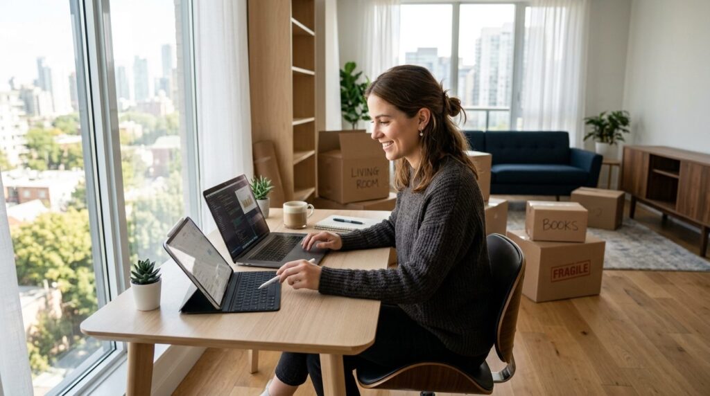 Young professional working from home on tablet and laptop si