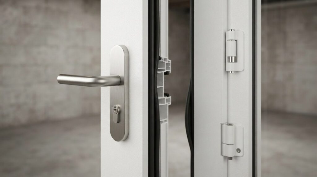 Close-up detail shot of a high-quality PVC basement door han