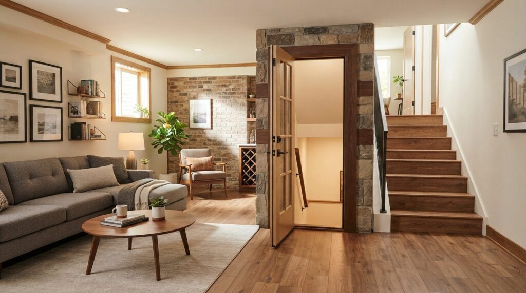 Wide angle shot of a finished basement lifestyle space with