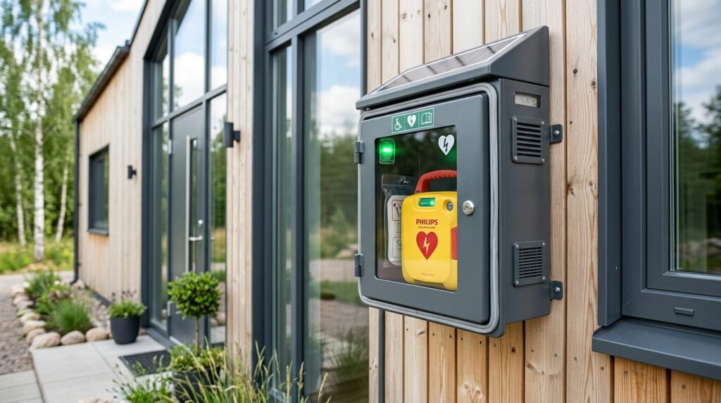 Close-up detailed view of an outdoor automated external defi