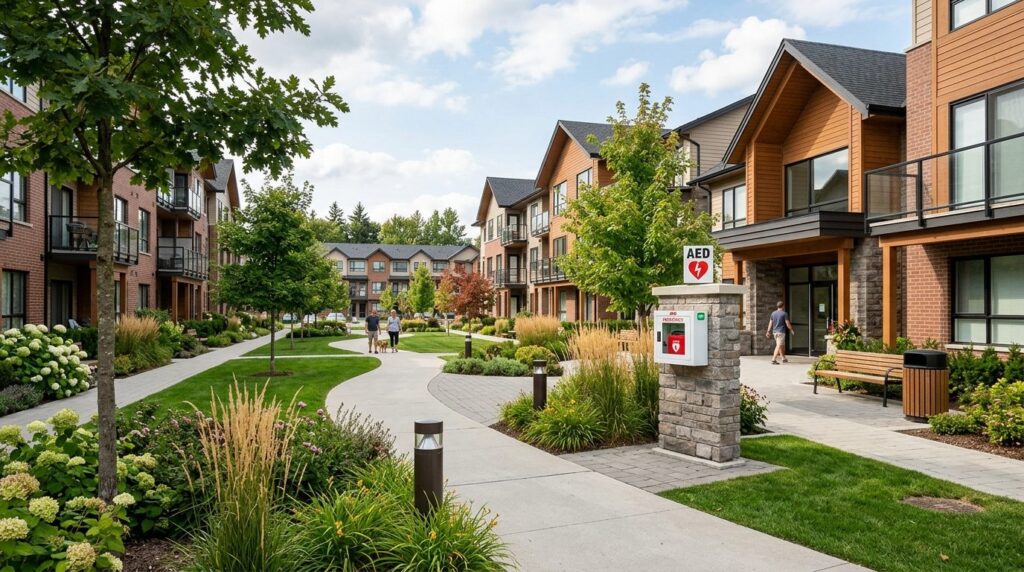 Wide shot of a residential community common area with AED em