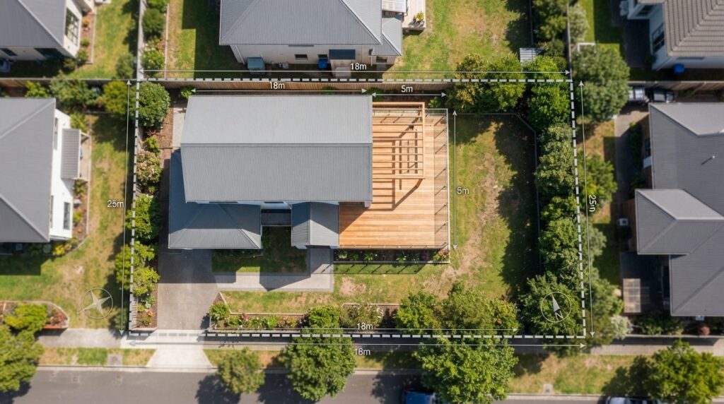Birds eye view of a residential property with newly built w