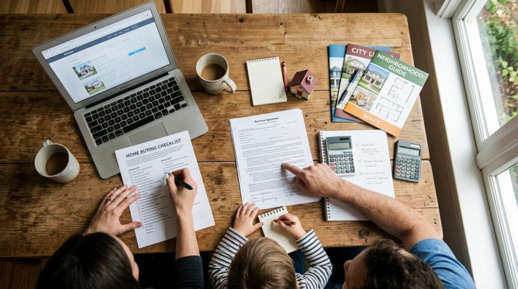 Close-up overhead view of parents and child reviewing housin