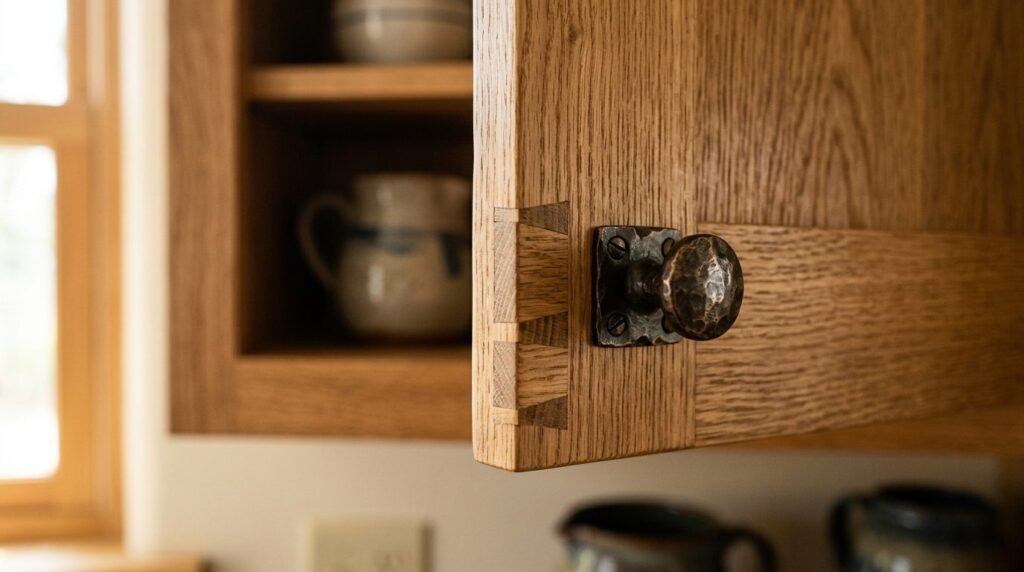 Close-up detail shot of artisan wooden kitchen cabinet door
