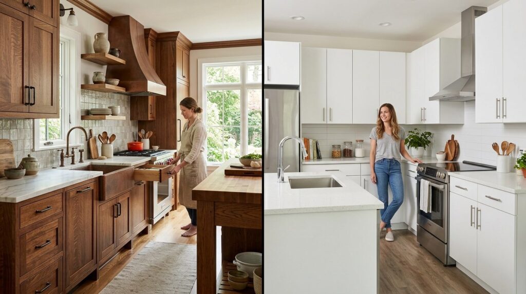 Side-by-side comparison scene: left side shows a modern cust