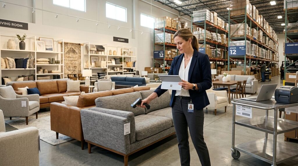 Business professional conducting physical inventory assessme