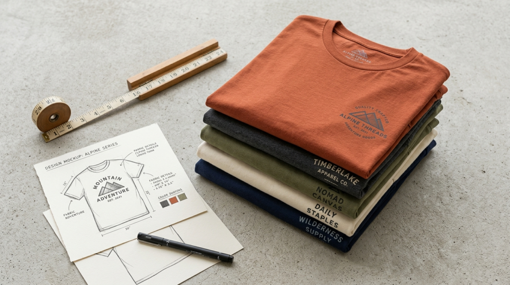 Overhead flat lay composition of a small stack of custom pri