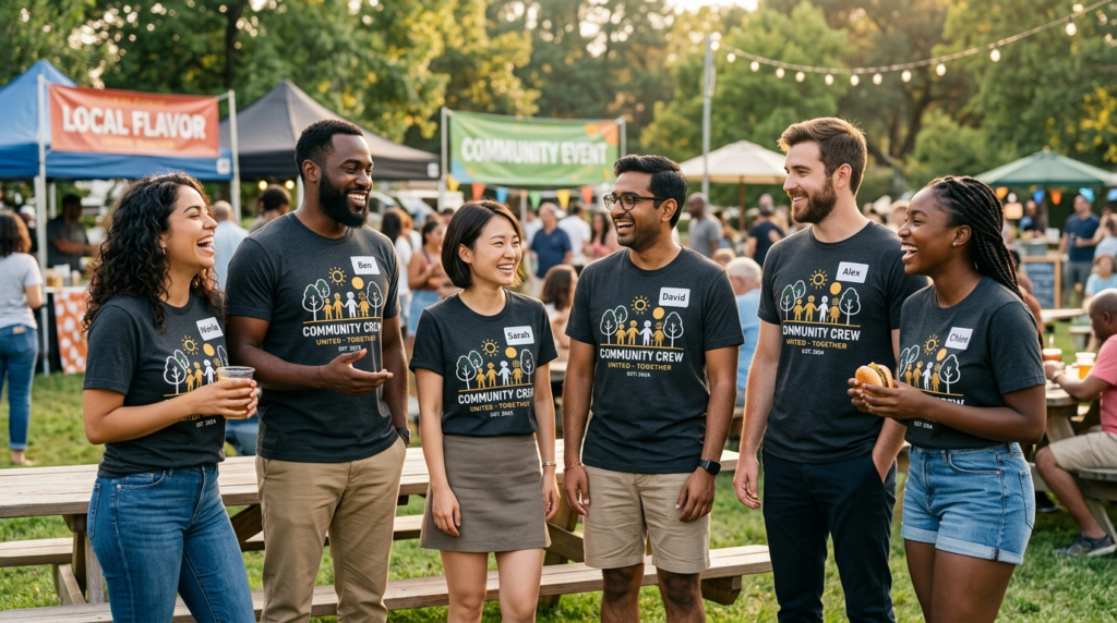 Casual event scene photograph showing a small group of peopl